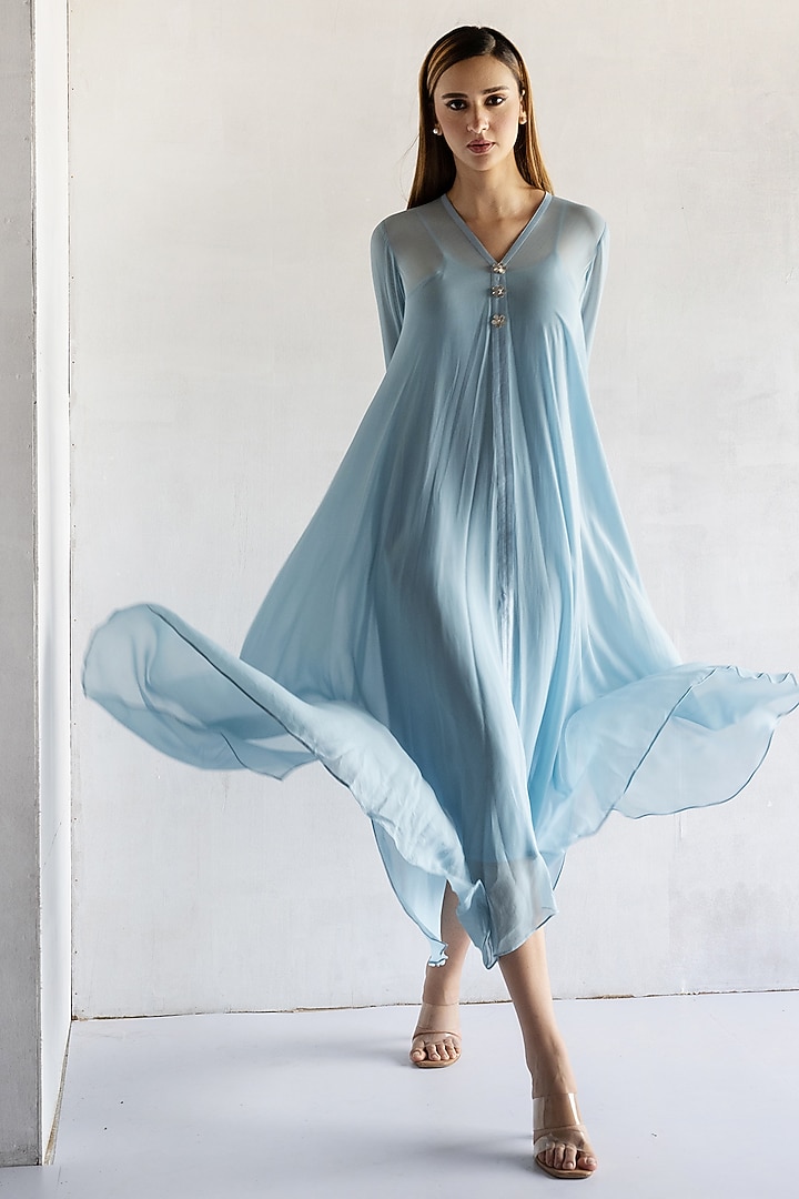 Powder Blue Georgette Thread Embroidered A-Line Summer Dress by Bharat Adiani at Pernia's Pop Up Shop