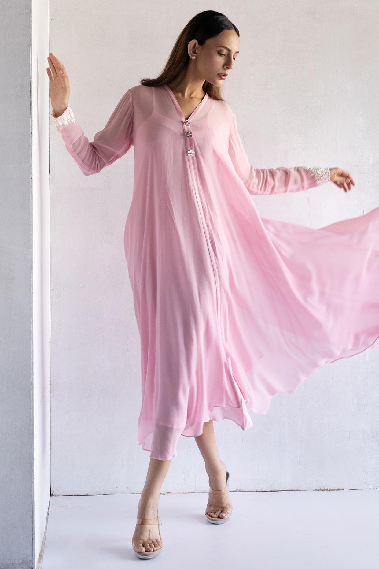 Pink Georgette Thread Embroidered A-Line Dress by Bharat Adiani at