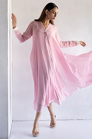 Pink Georgette Thread Embroidered A-Line Dress by Bharat Adiani