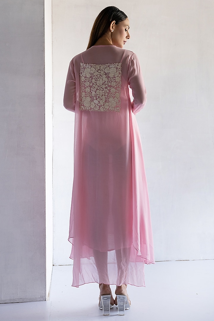 Pink Georgette Thread Embroidered A-Line Summer Dress by Bharat Adiani at Pernia's Pop Up Shop