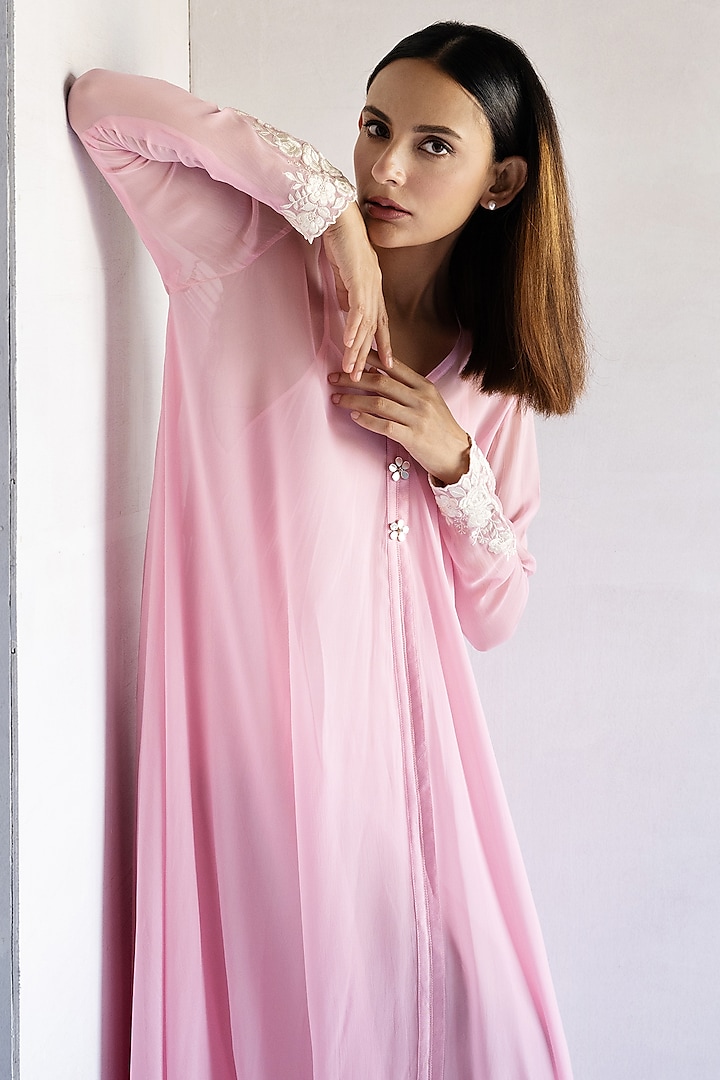 Pink Georgette Thread Embroidered A-Line Summer Dress by Bharat Adiani at Pernia's Pop Up Shop