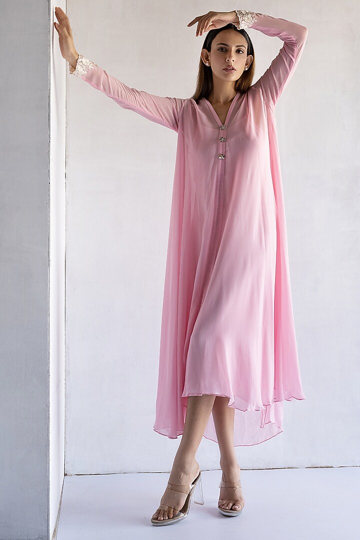 Pink Georgette Thread Embroidered A-Line Summer Dress by Bharat Adiani at Pernia's Pop Up Shop