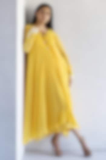 Yellow Georgette Thread Embroidered A-Line Dress by Bharat Adiani