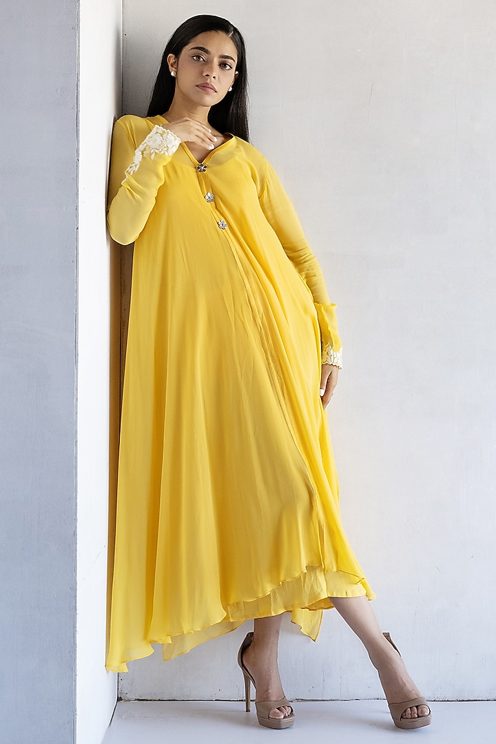 Yellow Georgette Thread Embroidered A-Line Dress by Bharat Adiani