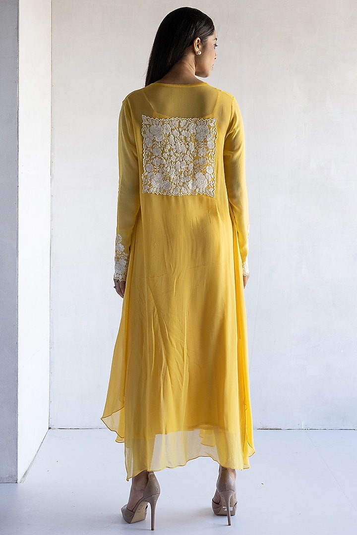 Yellow Georgette Thread Embroidered A-Line Summer Dress by Bharat Adiani at Pernia's Pop Up Shop