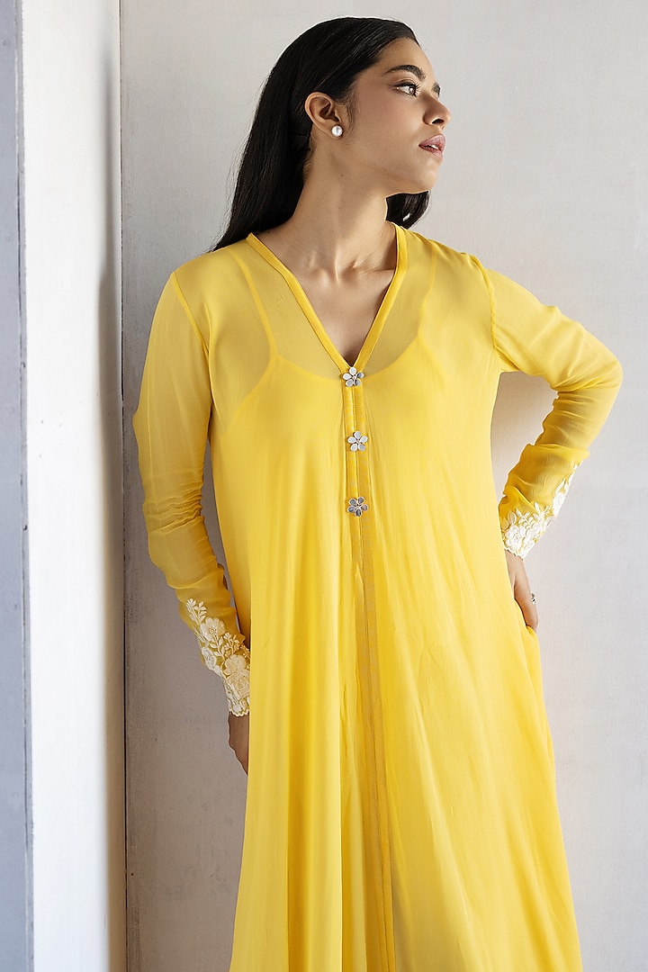Yellow Georgette Thread Embroidered A-Line Summer Dress by Bharat Adiani at Pernia's Pop Up Shop