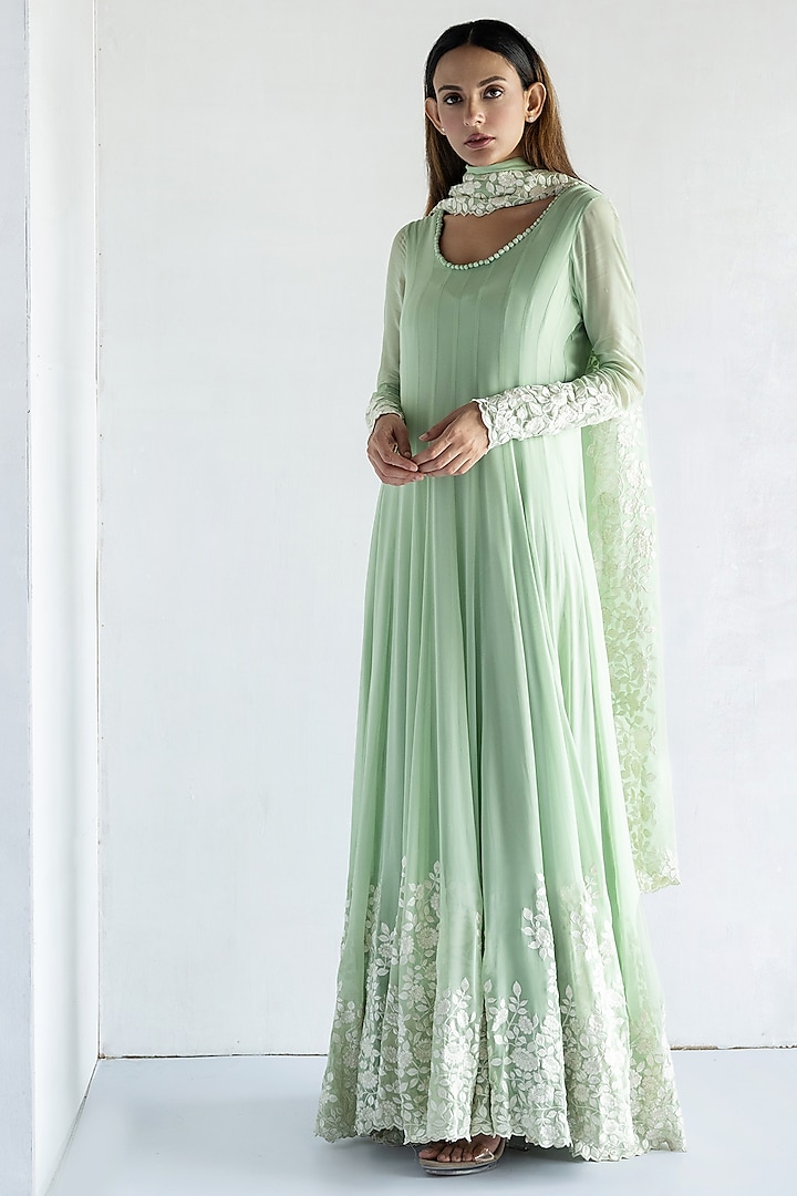 Green Georgette Thread Embroidered Anarkali Set by Bharat Adiani