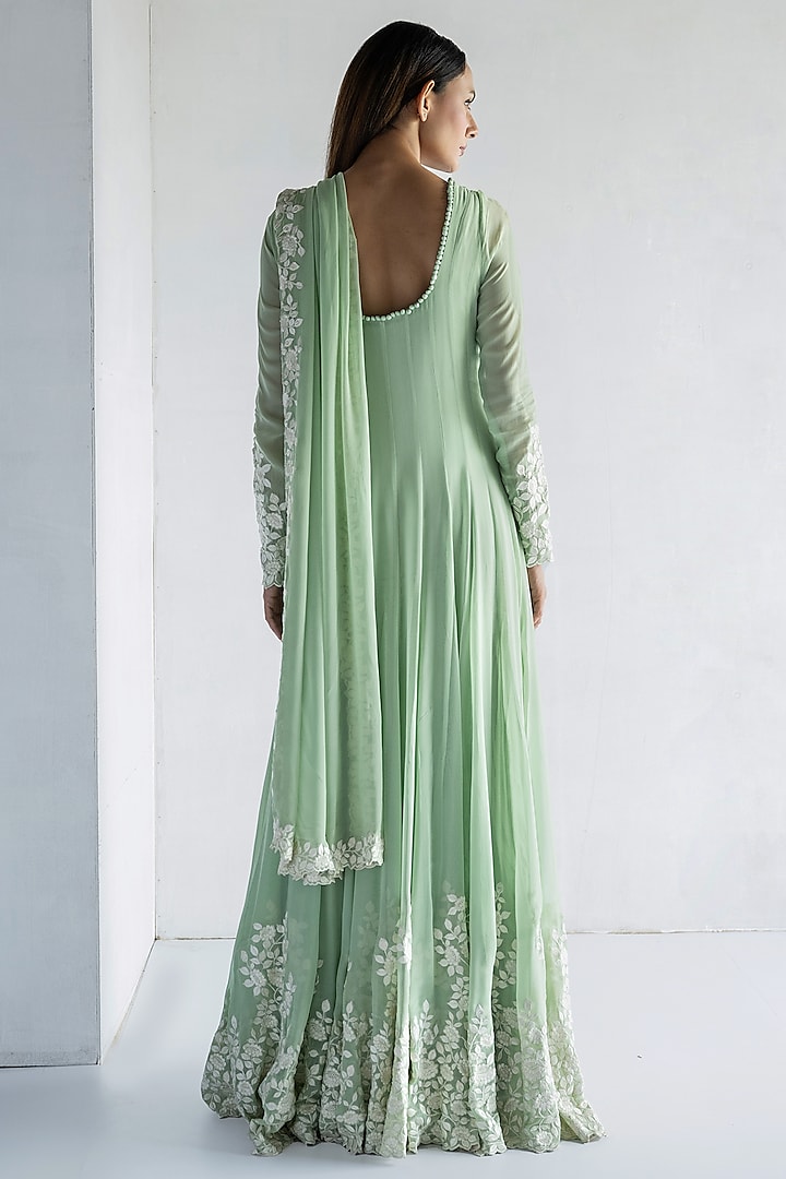 Green Georgette Thread Embroidered Wedding Anarkali Set by Bharat Adiani at Pernia's Pop Up Shop