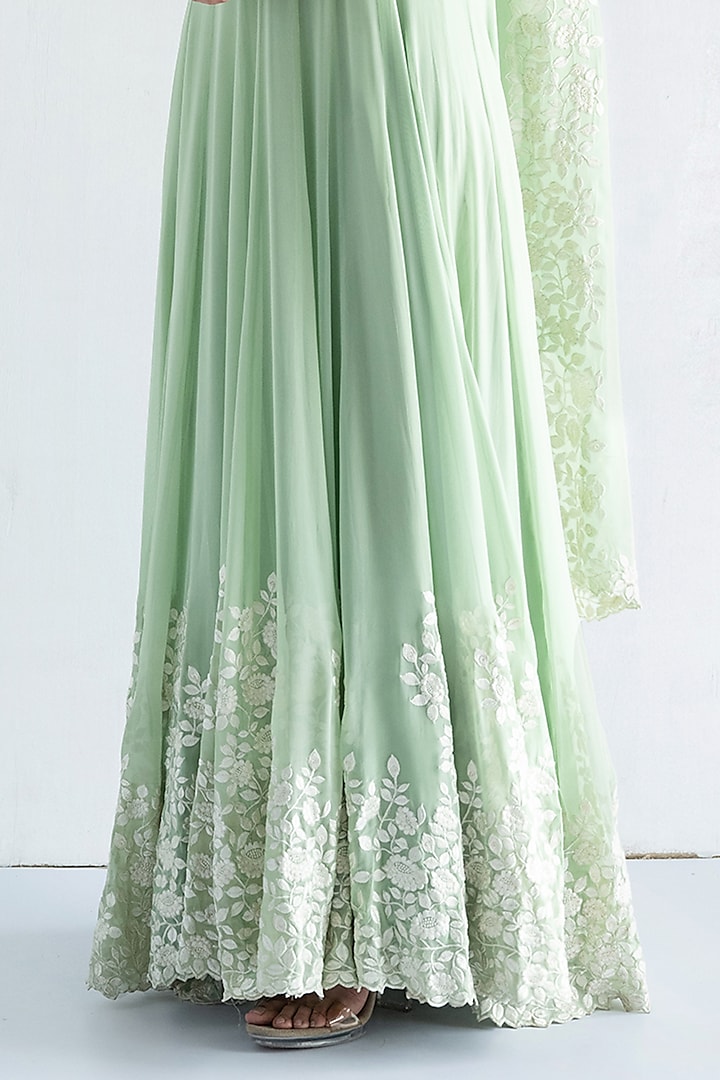 Green Georgette Thread Embroidered Wedding Anarkali Set by Bharat Adiani at Pernia's Pop Up Shop