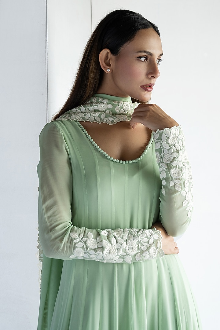 Green Georgette Thread Embroidered Wedding Anarkali Set by Bharat Adiani at Pernia's Pop Up Shop