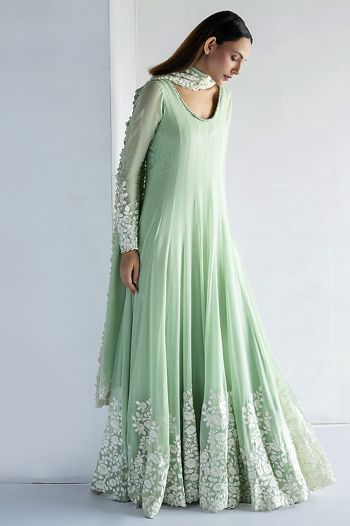 Green Georgette Thread Embroidered Wedding Anarkali Set by Bharat Adiani at Pernia's Pop Up Shop