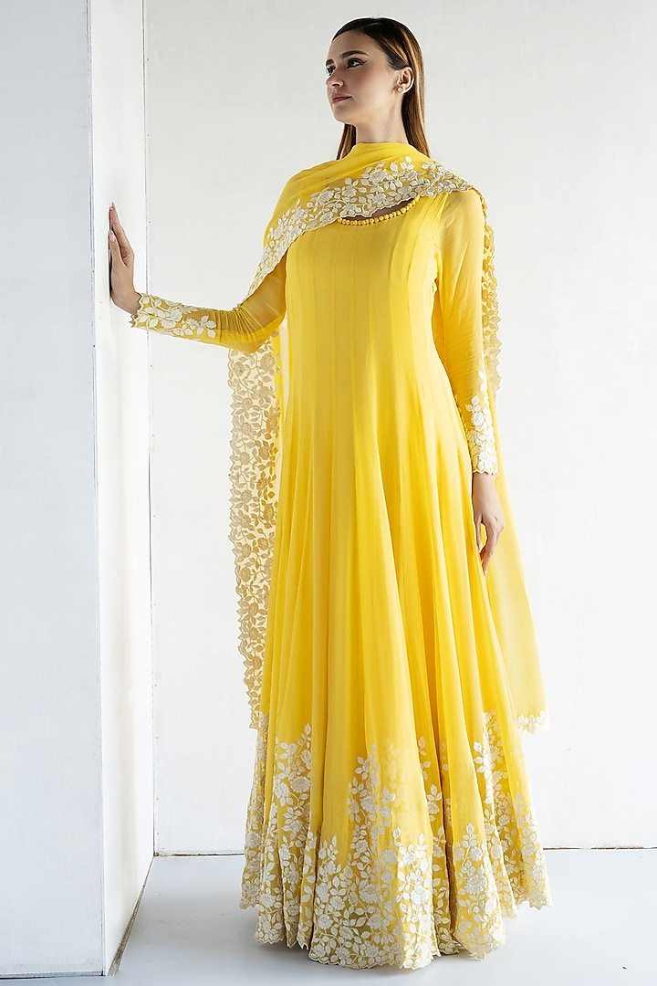 Yellow Georgette Thread Embroidered Anarkali Set by Bharat Adiani