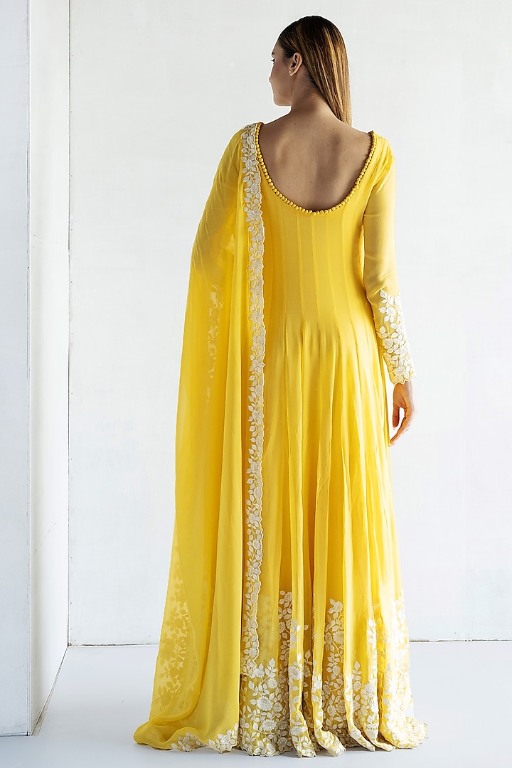 Yellow Georgette Thread Embroidered Wedding Anarkali Set by Bharat Adiani at Pernia's Pop Up Shop