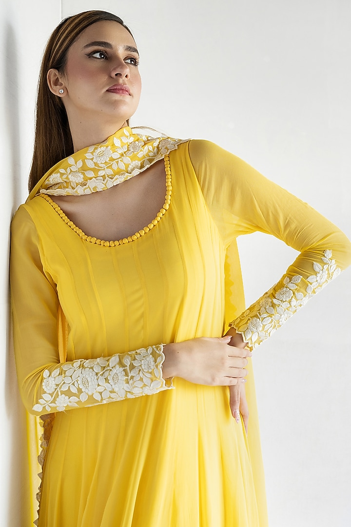Yellow Georgette Thread Embroidered Wedding Anarkali Set by Bharat Adiani at Pernia's Pop Up Shop