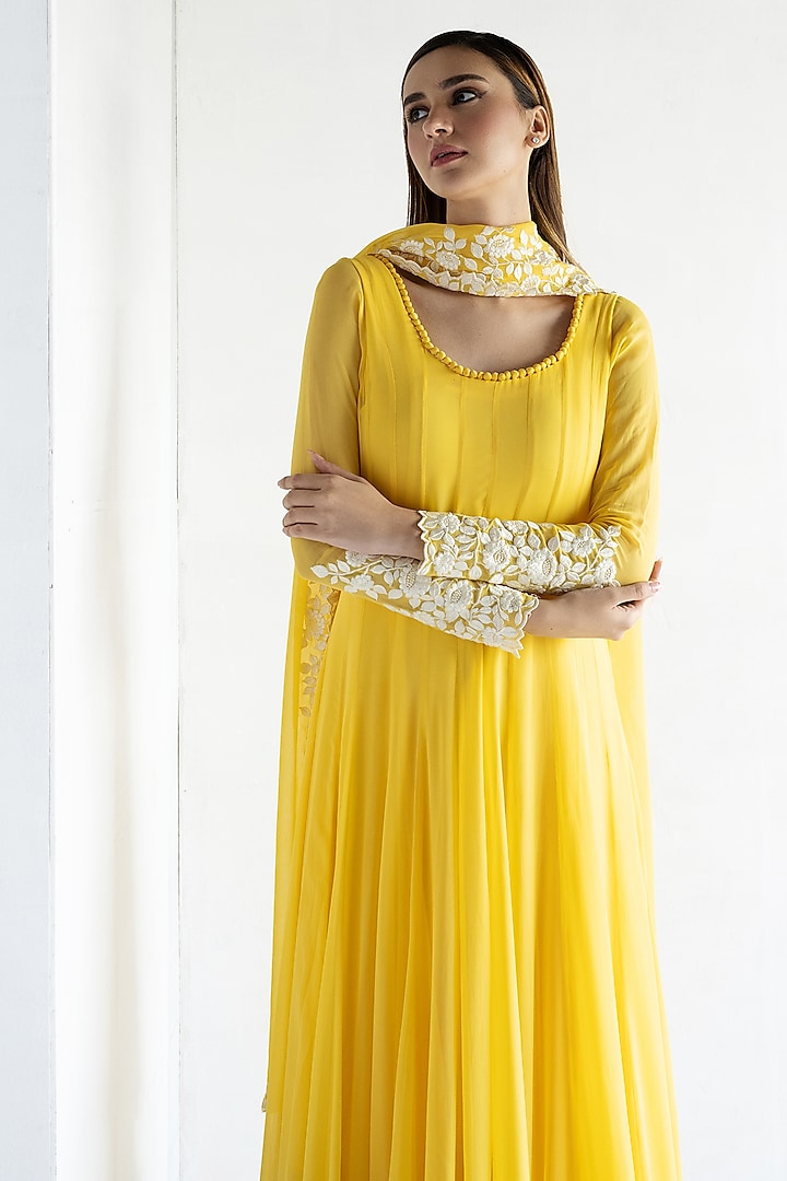 Yellow Georgette Thread Embroidered Wedding Anarkali Set by Bharat Adiani at Pernia's Pop Up Shop