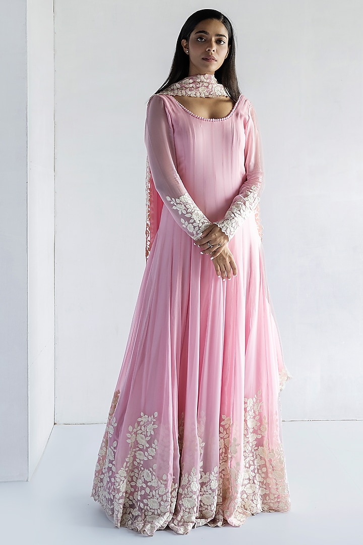 Pink Georgette Thread Embroidered Anarkali Set by Bharat Adiani