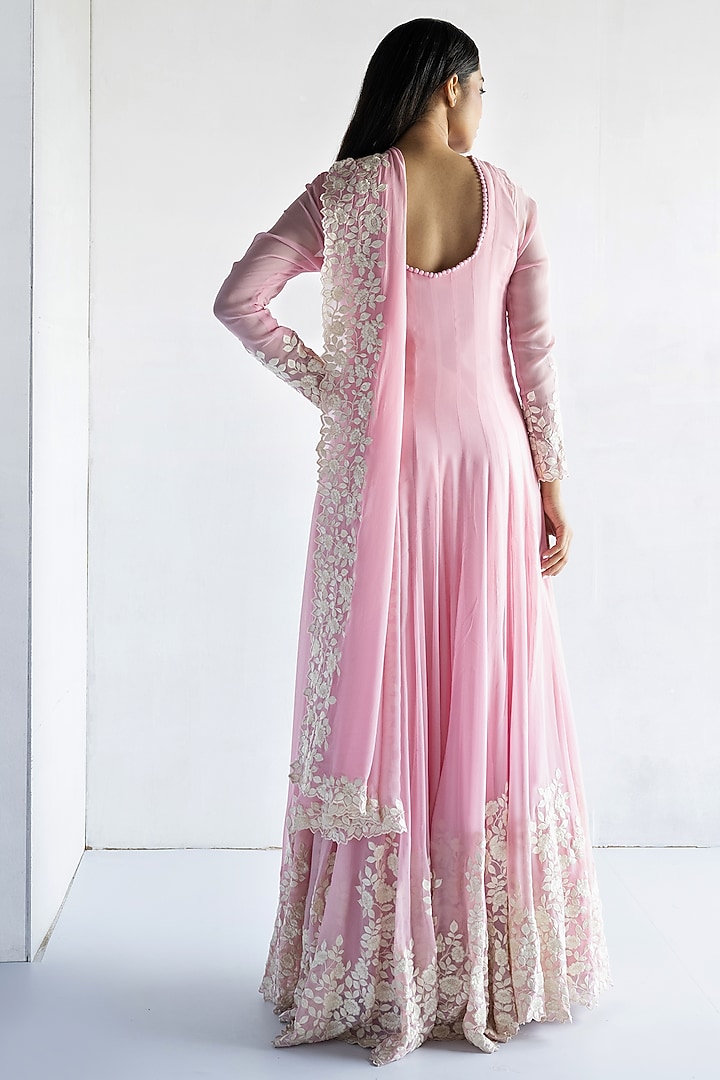 Pink Georgette Thread Embroidered Wedding Anarkali Set by Bharat Adiani at Pernia's Pop Up Shop