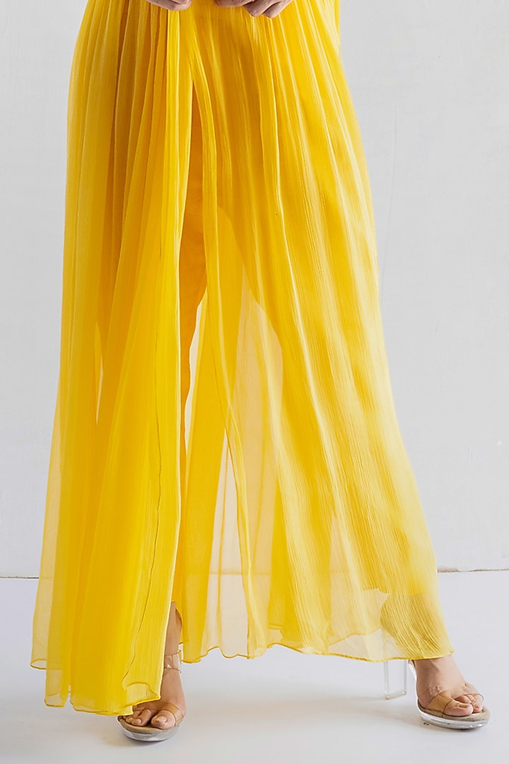 Yellow Pure Chiffon Thread Embroidered Tunic Set by Bharat Adiani at Pernia's Pop Up Shop