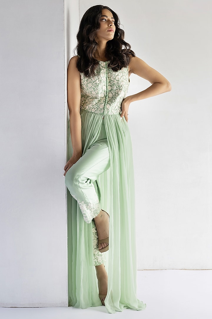Green Pure Chiffon Thread Embroidered Tunic Set by Bharat Adiani