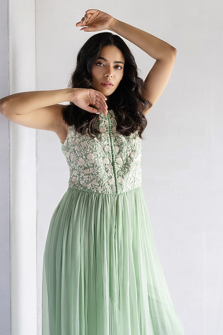 Green Pure Chiffon Thread Embroidered Tunic Set by Bharat Adiani at Pernia's Pop Up Shop