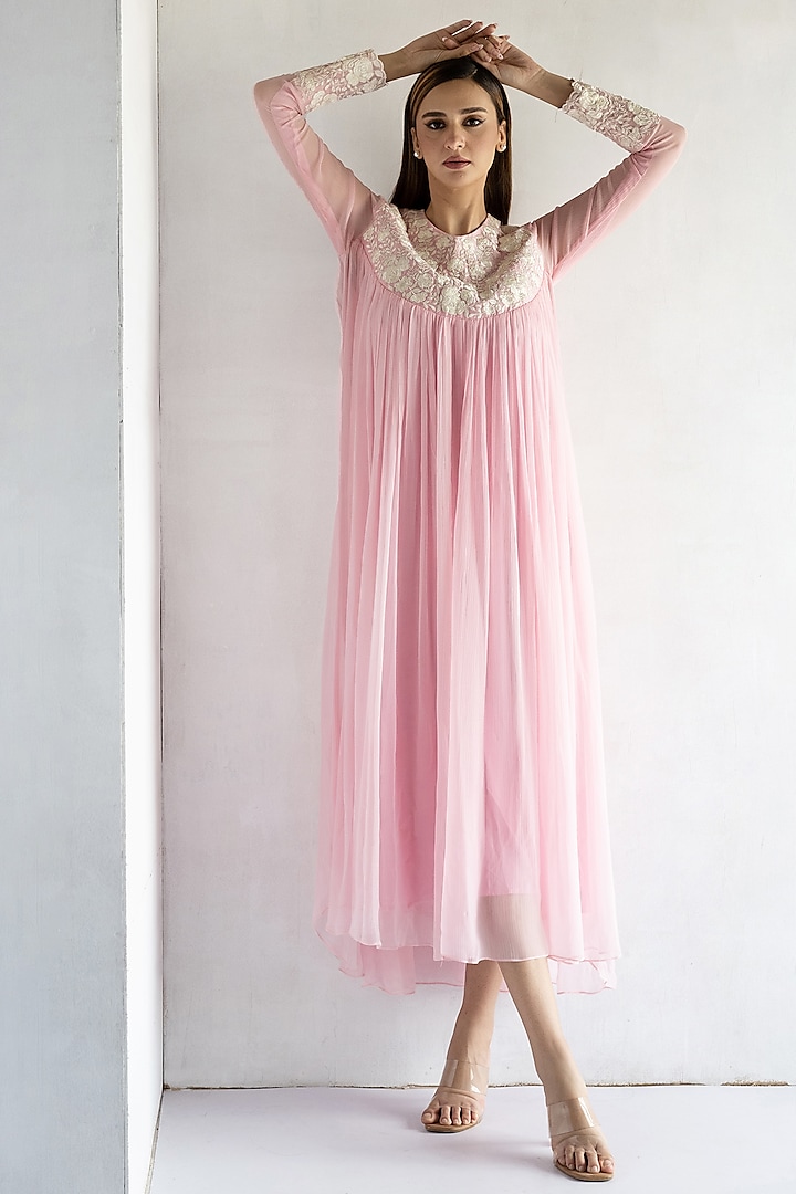 Pink Pure Chiffon & Chanderi Thread Machine Embroidered Midi Dress by Bharat Adiani at Pernia's Pop Up Shop