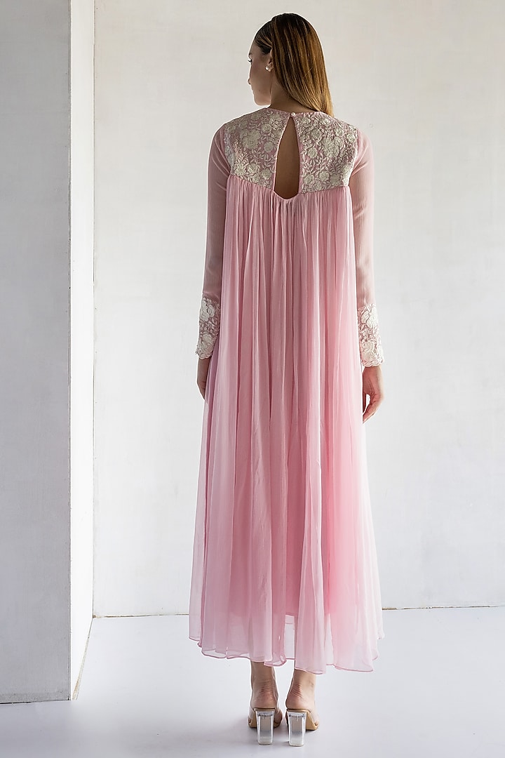 Pink Pure Chiffon & Chanderi Thread Machine Embroidered Midi Vacation Dress by Bharat Adiani at Pernia's Pop Up Shop
