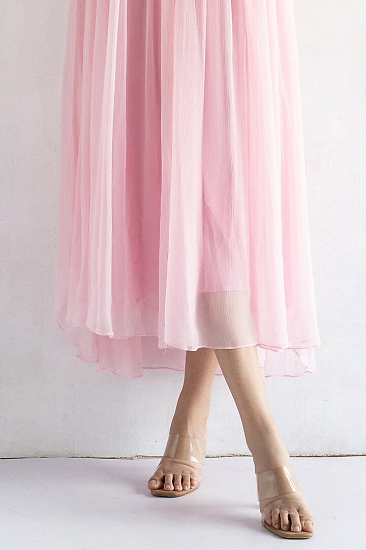 Pink Pure Chiffon & Chanderi Thread Machine Embroidered Midi Vacation Dress by Bharat Adiani at Pernia's Pop Up Shop