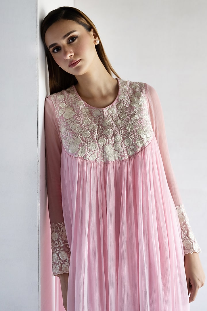 Pink Pure Chiffon & Chanderi Thread Machine Embroidered Midi Vacation Dress by Bharat Adiani at Pernia's Pop Up Shop