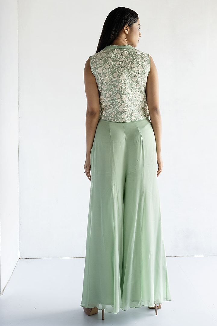 Green Pure Chanderi Silk Thread Machine Embroidered Short Jacket Set by Bharat Adiani at Pernia's Pop Up Shop