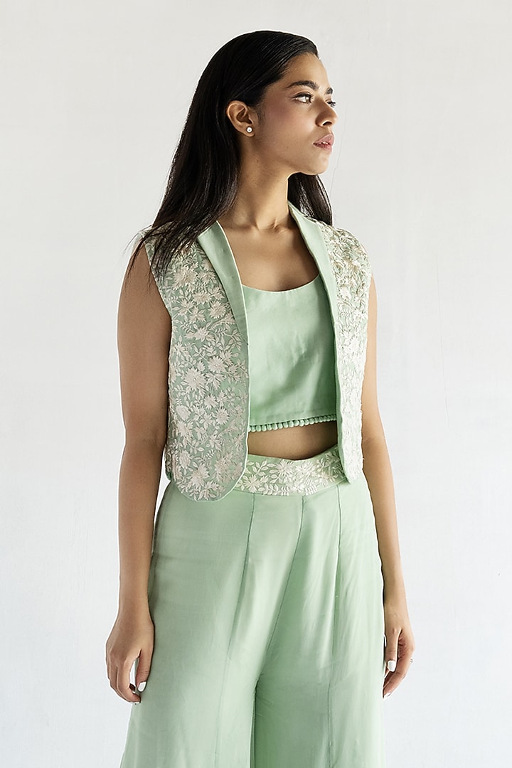 Green Pure Chanderi Silk Thread Machine Embroidered Short Jacket Set by Bharat Adiani at Pernia's Pop Up Shop