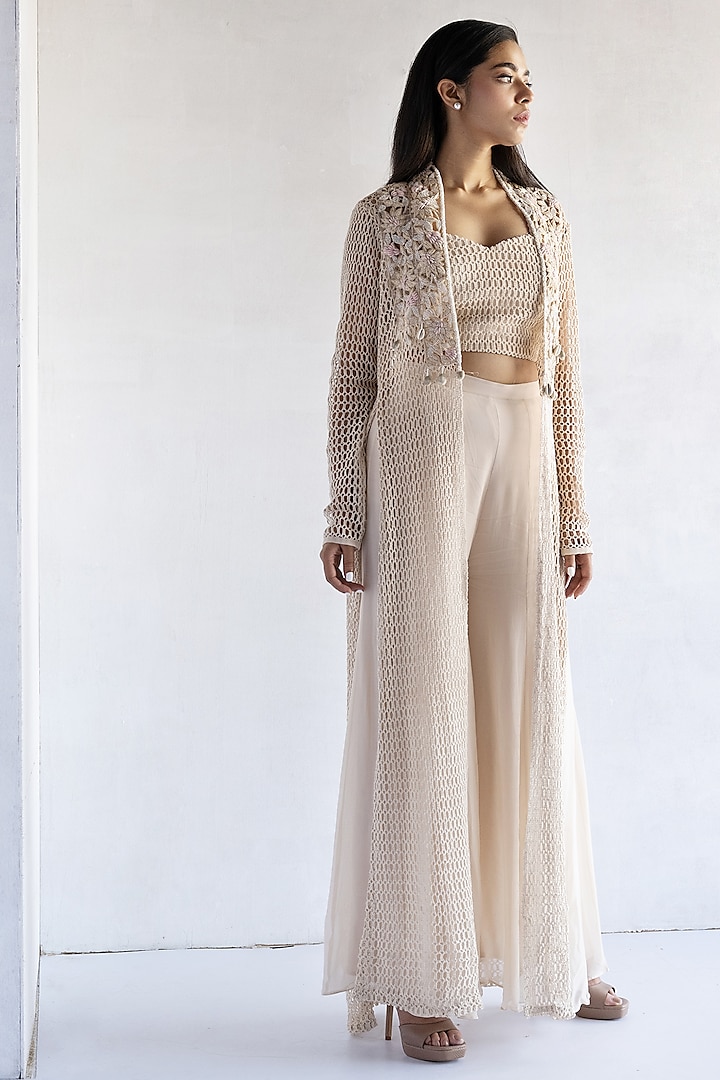 Off-White Crochet Thread & Pearls Hand Embroidered Long Jacket Set by Bharat Adiani at Pernia's Pop Up Shop