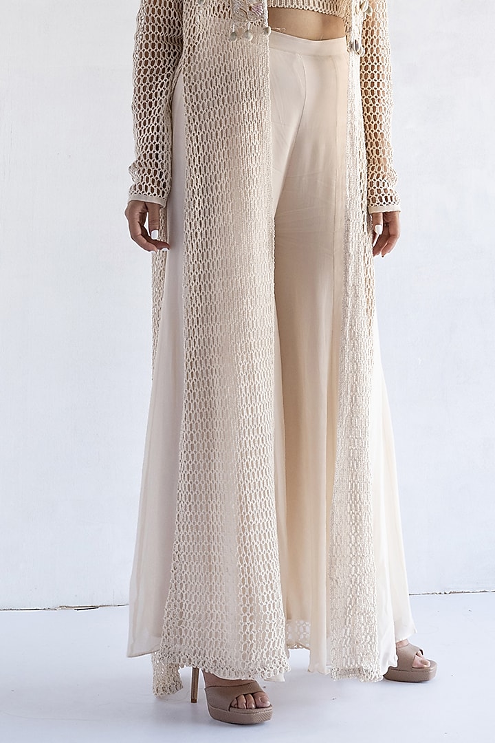 Off-White Crochet Thread & Pearls Hand Embroidered Long Jacket Set by Bharat Adiani at Pernia's Pop Up Shop