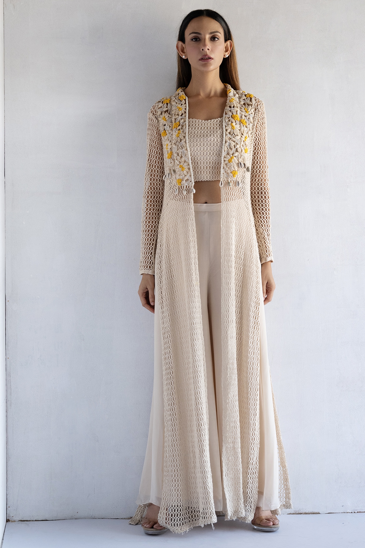 Off-White Crochet Thread & Pearls Hand Embroidered Long Jacket Set