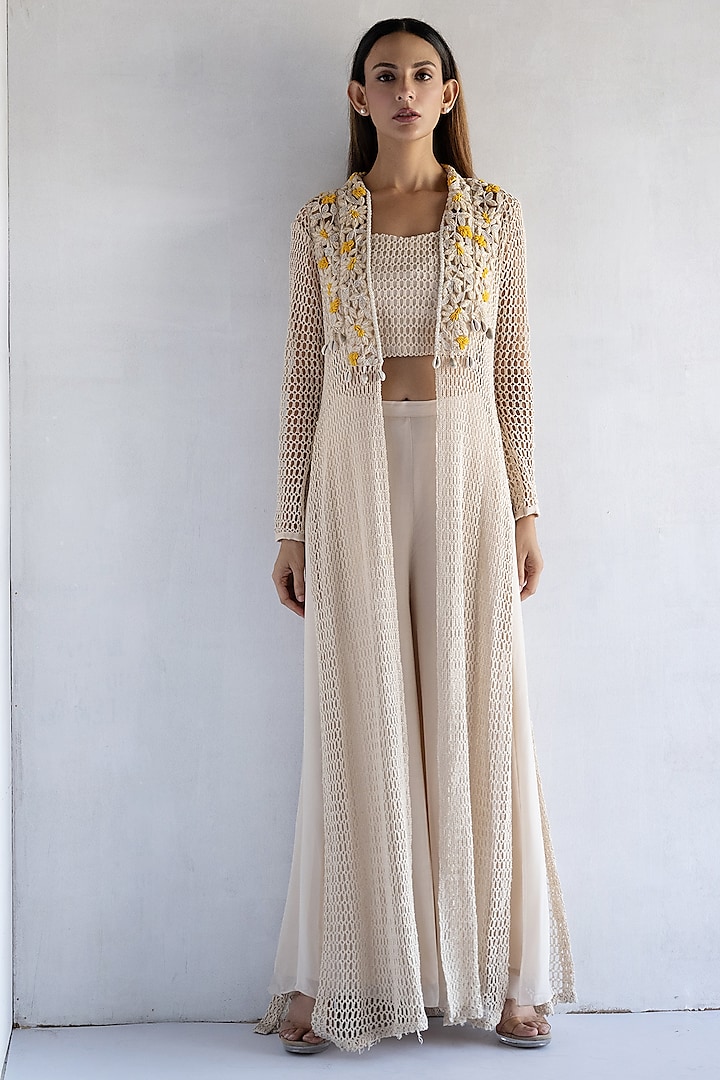 Off-White Crochet Thread & Pearls Hand Embroidered Long Jacket Set by Bharat Adiani at Pernia's Pop Up Shop