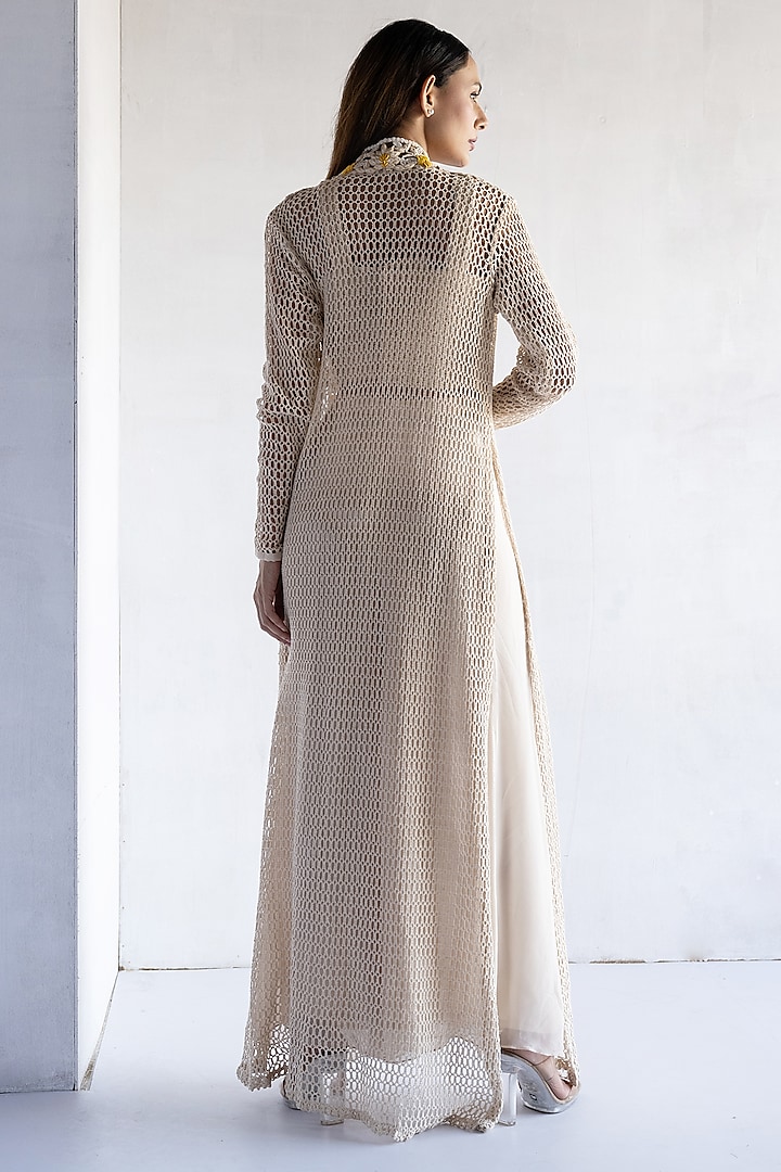 Off-White Crochet Thread & Pearls Hand Embroidered Long Jacket Set by Bharat Adiani at Pernia's Pop Up Shop