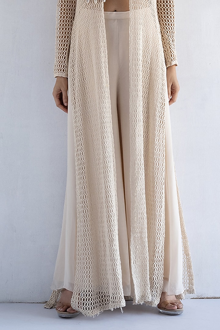 Off-White Crochet Thread & Pearls Hand Embroidered Long Jacket Set by Bharat Adiani at Pernia's Pop Up Shop