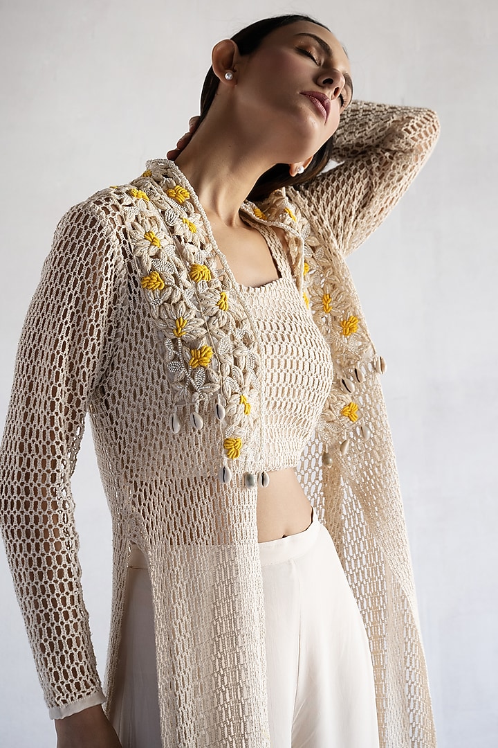Off-White Crochet Thread & Pearls Hand Embroidered Long Jacket Set by Bharat Adiani at Pernia's Pop Up Shop