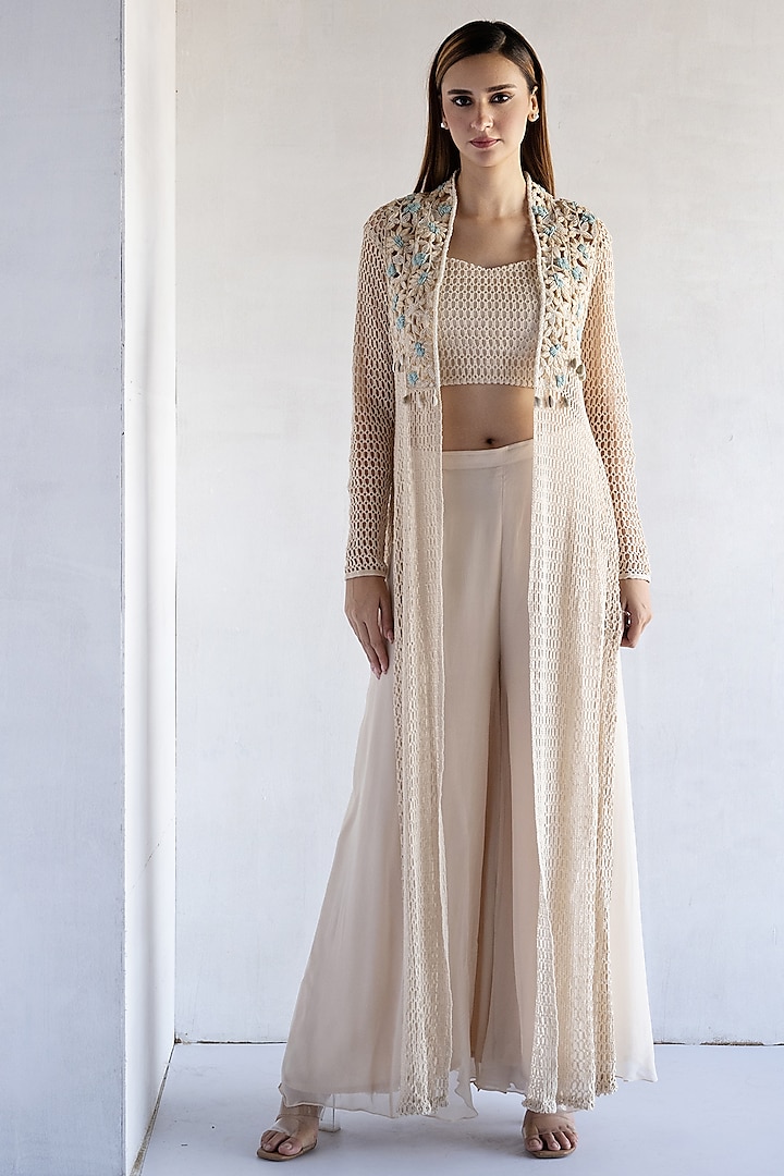Off-White Crochet Thread & Pearls Hand Embroidered Long Jacket Set by Bharat Adiani