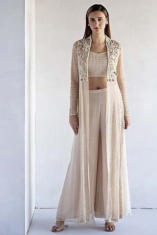 Off-White Crochet Thread & Pearls Hand Embroidered Long Jacket Set by Bharat Adiani