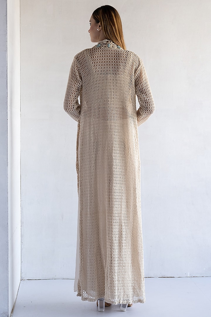Off-White Crochet Thread & Pearls Hand Embroidered Long Jacket Set by Bharat Adiani at Pernia's Pop Up Shop