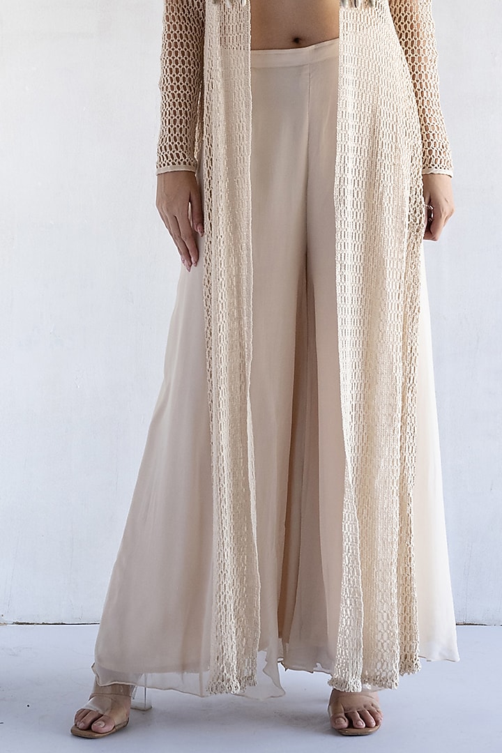 Off-White Crochet Thread & Pearls Hand Embroidered Long Jacket Set by Bharat Adiani at Pernia's Pop Up Shop
