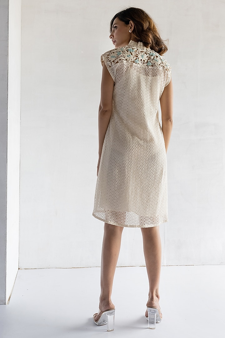Off-White Crochet Thread & Pearl Hand Embroidered Mini Summer Dress by Bharat Adiani at Pernia's Pop Up Shop