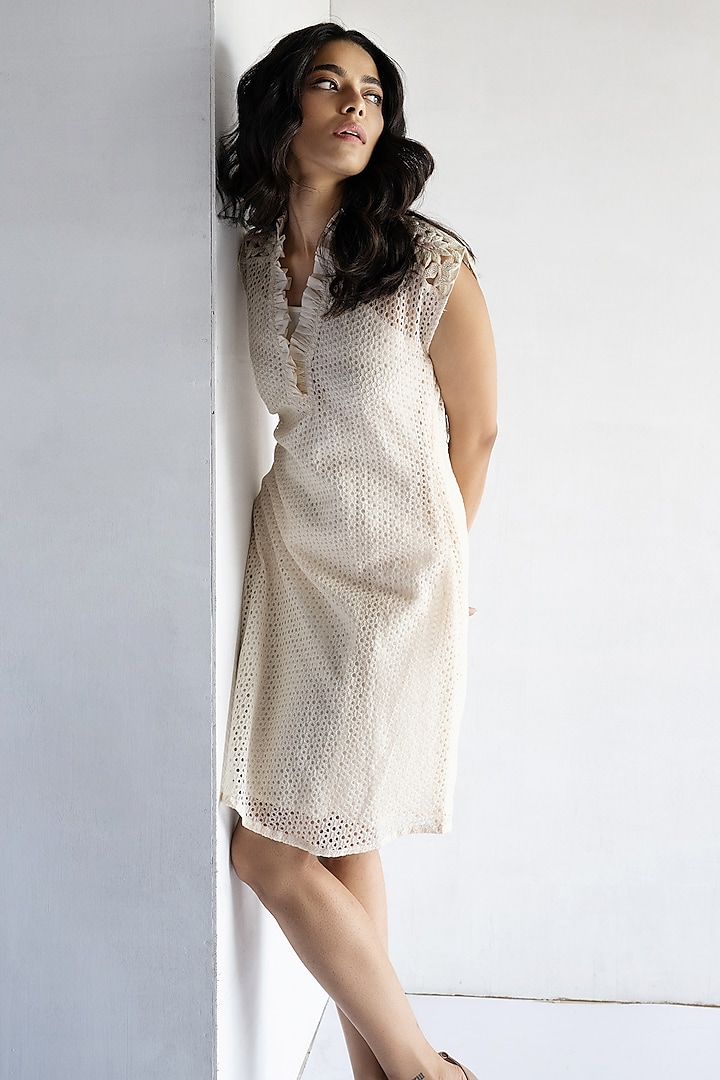 Off-White Crochet Thread & Pearl Hand Embroidered Mini Dress by Bharat Adiani