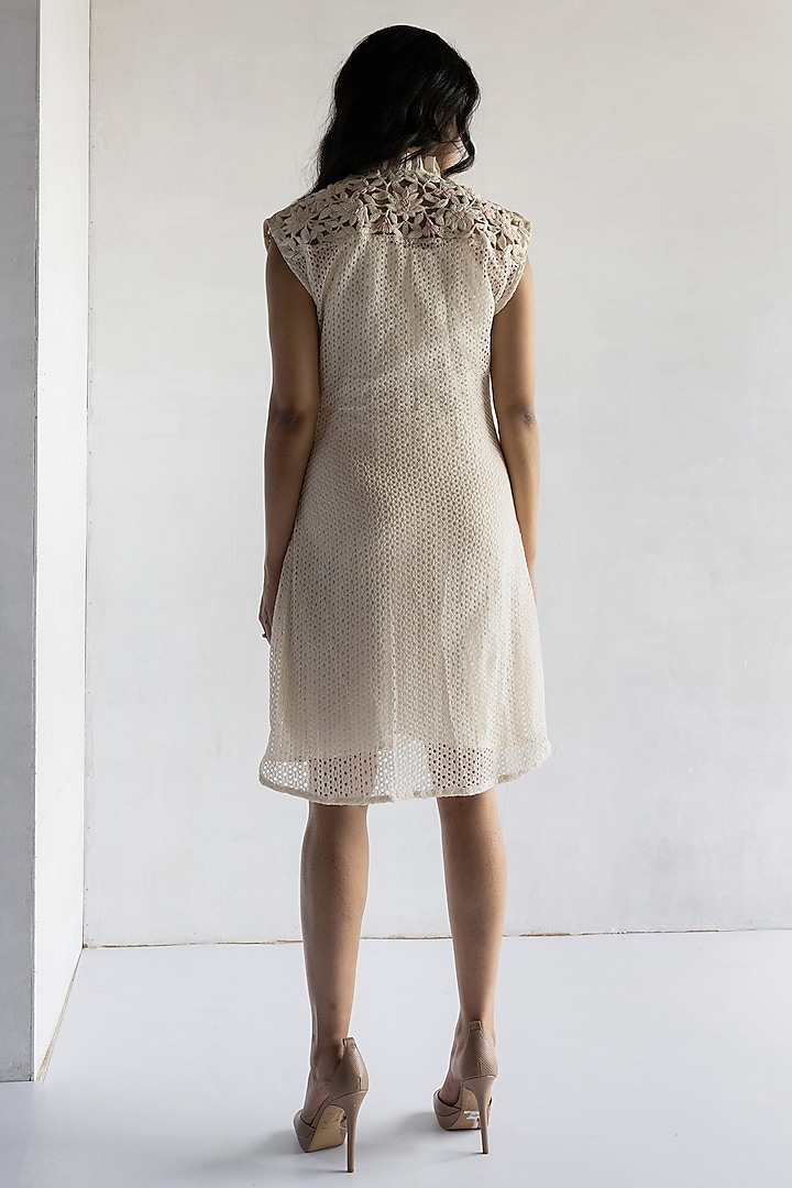 Off-White Crochet Thread & Pearl Hand Embroidered Mini Summer Dress by Bharat Adiani at Pernia's Pop Up Shop