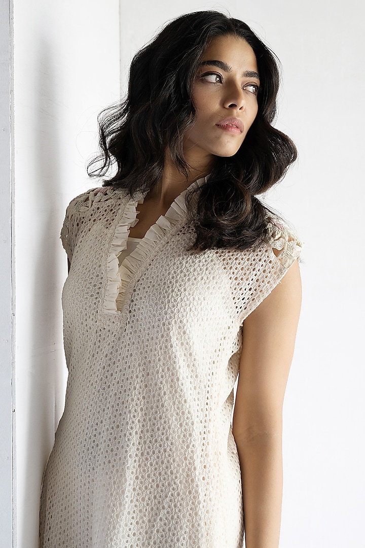 Off-White Crochet Thread & Pearl Hand Embroidered Mini Summer Dress by Bharat Adiani at Pernia's Pop Up Shop