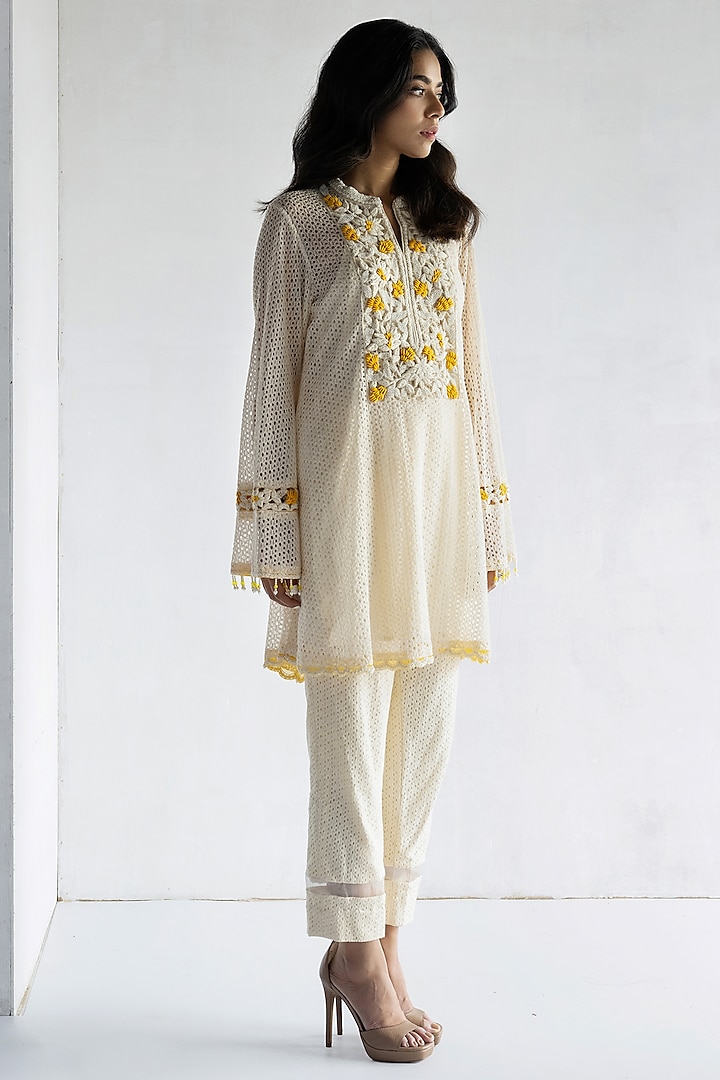 Off-White Crochet Thread & Pearls Hand Embroidered A-Line Kurta Set by Bharat Adiani