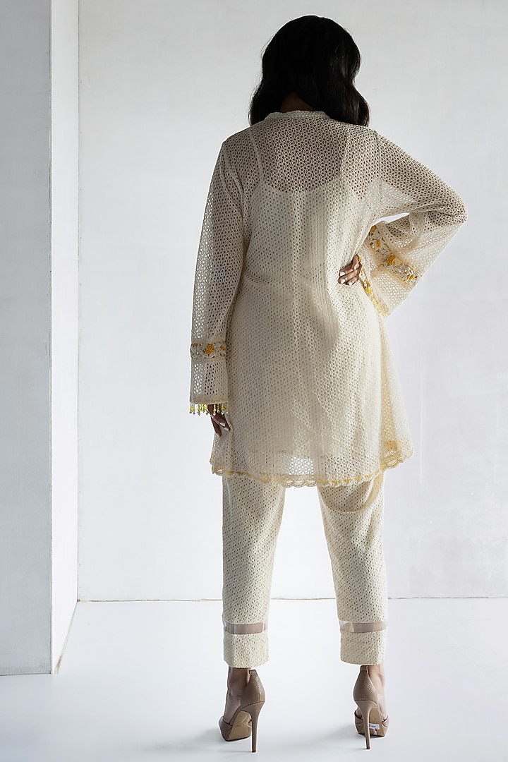 Off-White Crochet Thread & Pearls Hand Embroidered A-Line Kurta Set by Bharat Adiani at Pernia's Pop Up Shop
