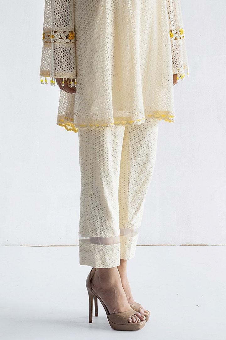 Off-White Crochet Thread & Pearls Hand Embroidered A-Line Kurta Set by Bharat Adiani at Pernia's Pop Up Shop