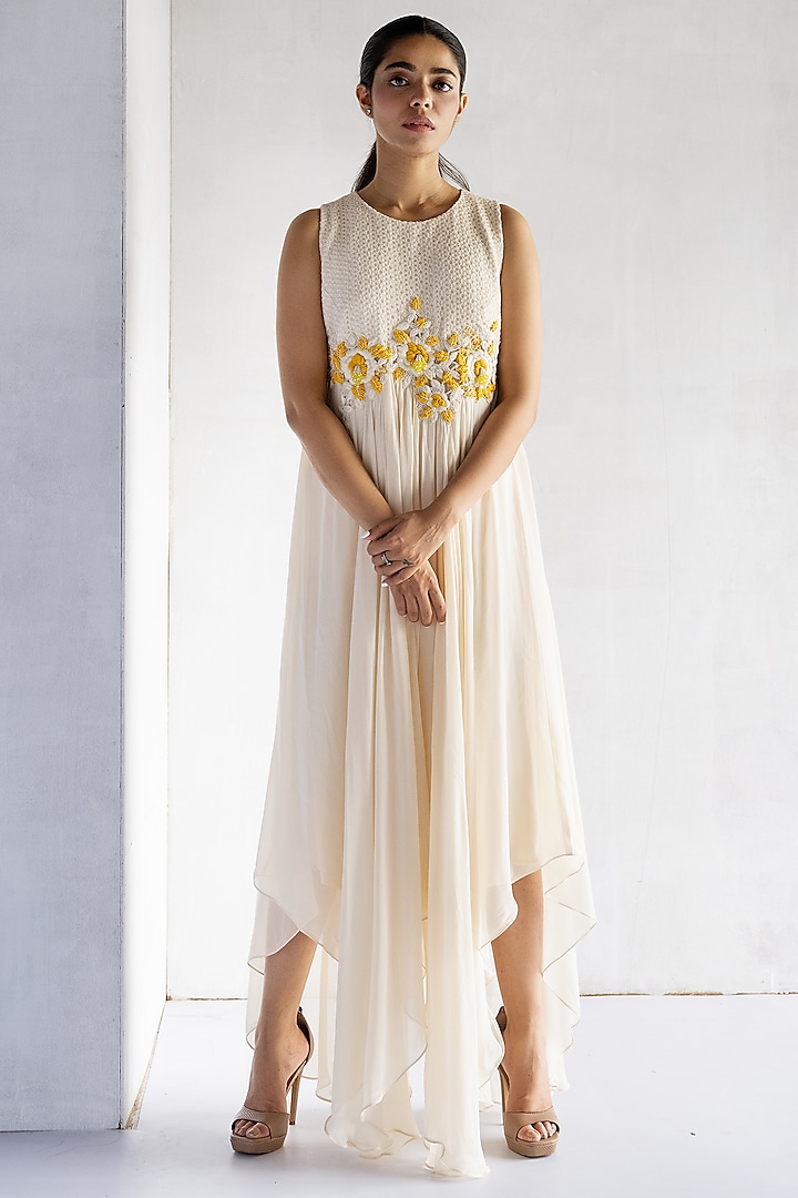 Off-White Crochet Thread & Pearl Hand Embroidered Tunic by Bharat Adiani