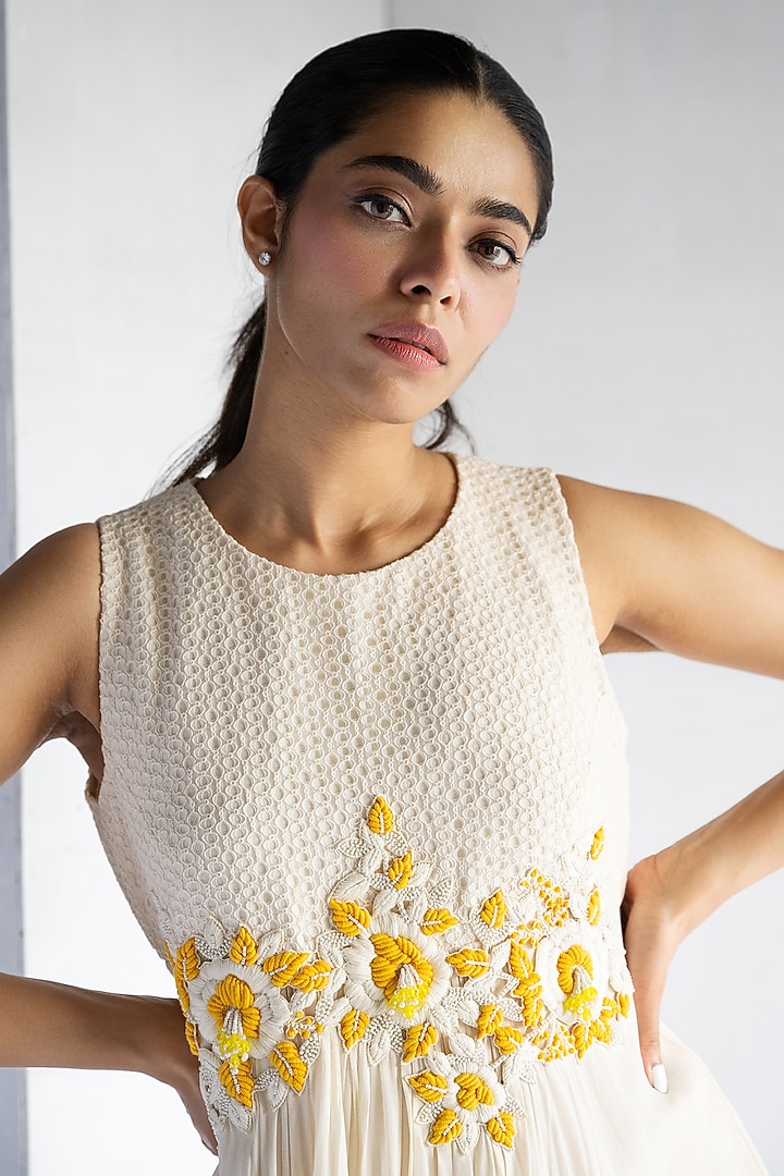 Off-White Crochet Thread & Pearl Hand Embroidered Tunic by Bharat Adiani at Pernia's Pop Up Shop